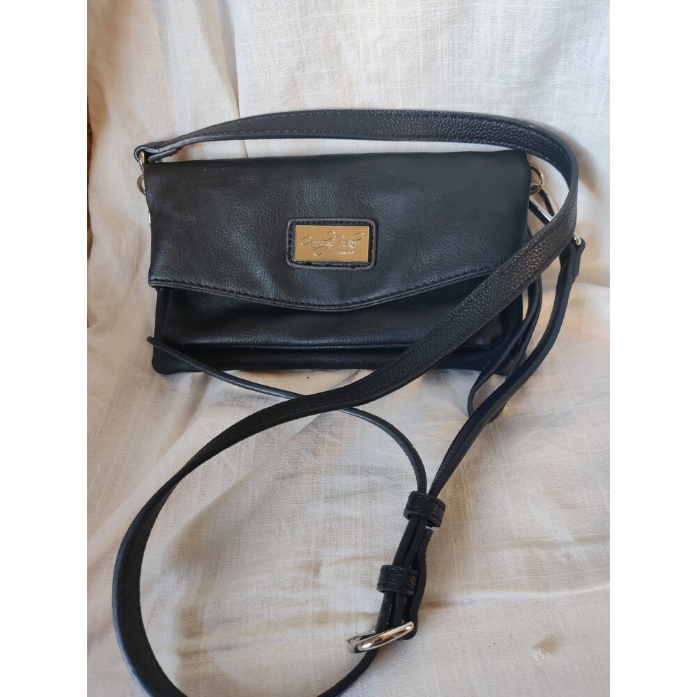 Carolyn Tucker Black Faux Leather Foldover Crossbody Shoulder Bag Purse